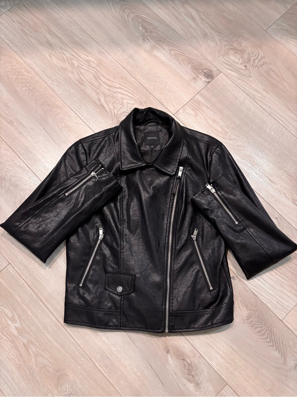 RW&CO. Black Faux Leather Short-Sleeve Moto Jacket with Silver Hardware
